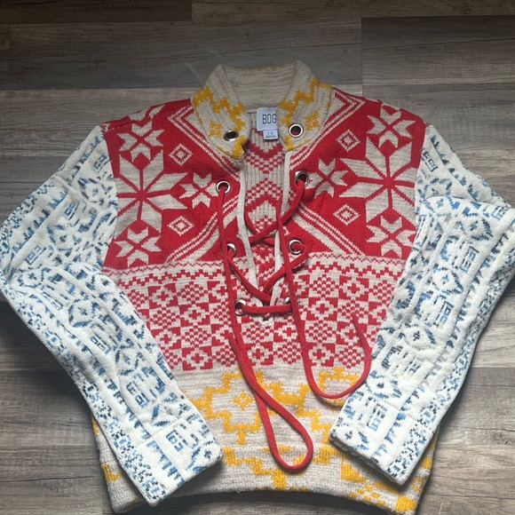 BDG Tops - BDG Red, Cream & Blue Nordic Lace-Up Sweater with Yellow Accents